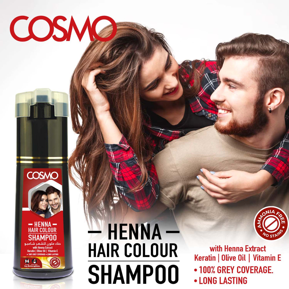 COSMO Henna Hair Colour Shampoo – 180ml bottle and packaging – 100% grey coverage, ammonia-free with natural extracts