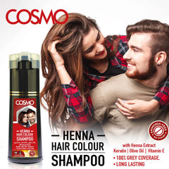 COSMO Henna Hair Colour Shampoo – 180ml bottle and packaging – 100% grey coverage, ammonia-free with natural extracts