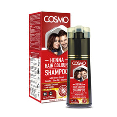 COSMO Henna Hair Colour Shampoo – 180ml bottle and packaging – 100% grey coverage, ammonia-free with natural extracts
