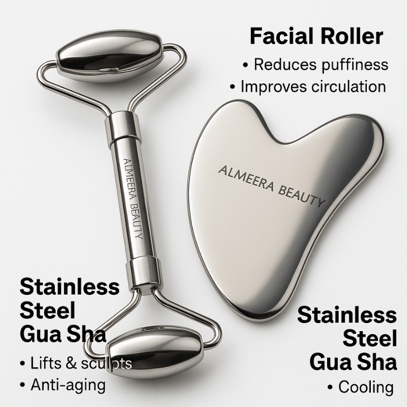 Gua Sha + Facial Roller Toolkit – Stainless Steel Facial Massage Set - E11 Store