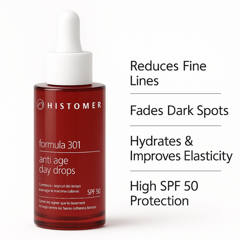 Red bottle of Histomer Formula 301 Anti-Age Day Drops with SPF 50 for anti-wrinkle and sun protection - E11 Store - E11 Store