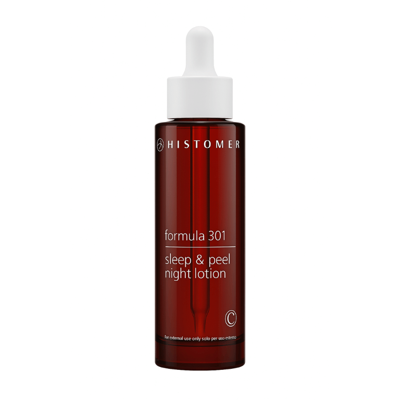 Red bottle of Histomer Formula 301 Sleep & Peel Night Lotion with dropper, for overnight exfoliation and skin renewal - E11 Store