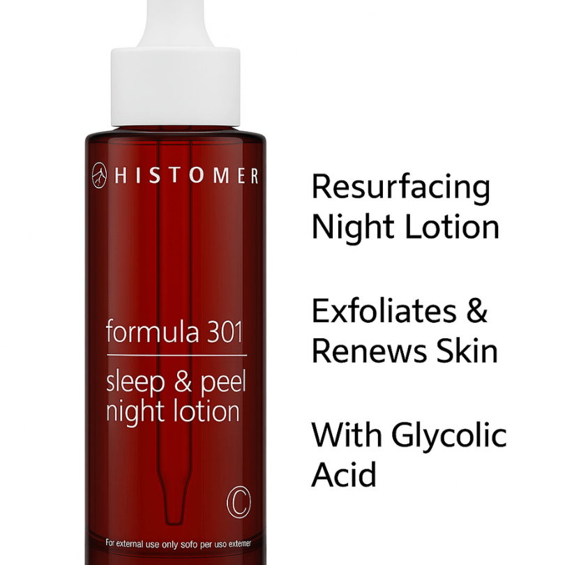 Red bottle of Histomer Formula 301 Sleep & Peel Night Lotion with dropper, for overnight exfoliation and skin renewal - E11 Store