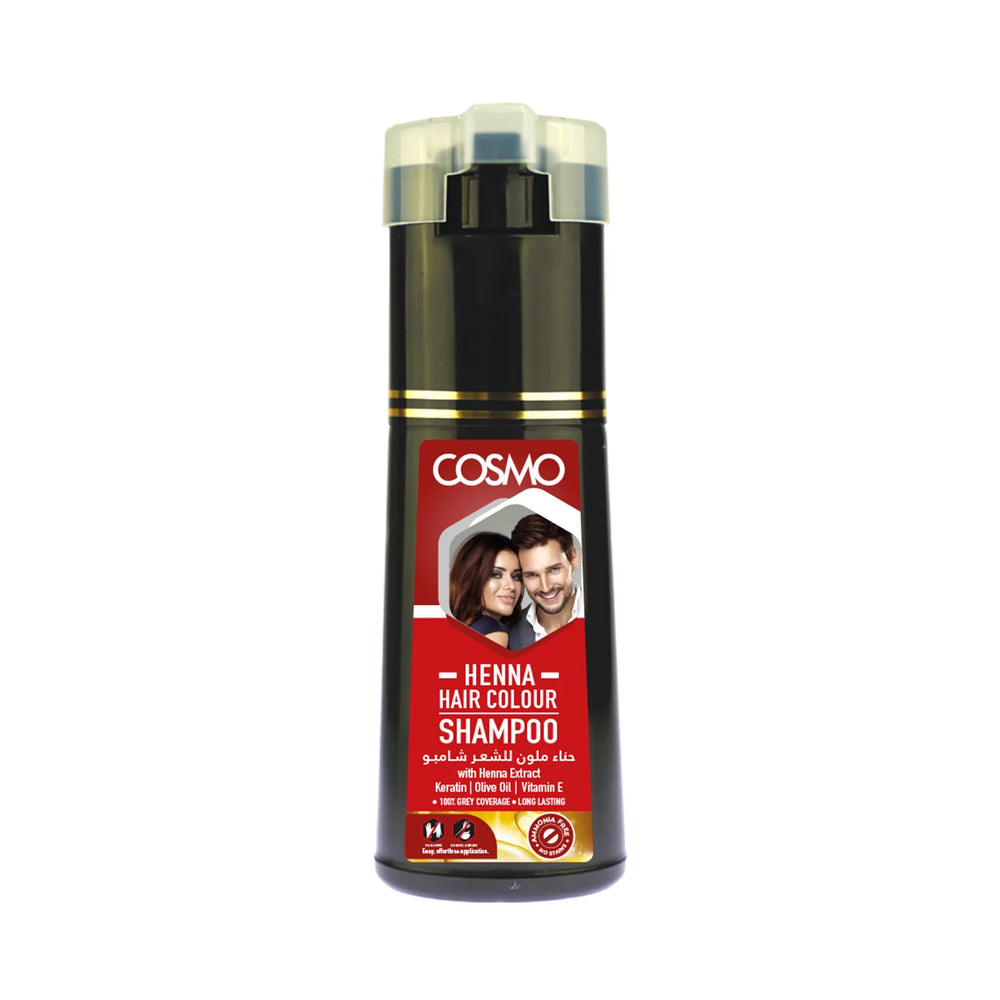 COSMO Henna Hair Colour Shampoo – 180ml bottle and packaging – 100% grey coverage, ammonia-free with natural extracts