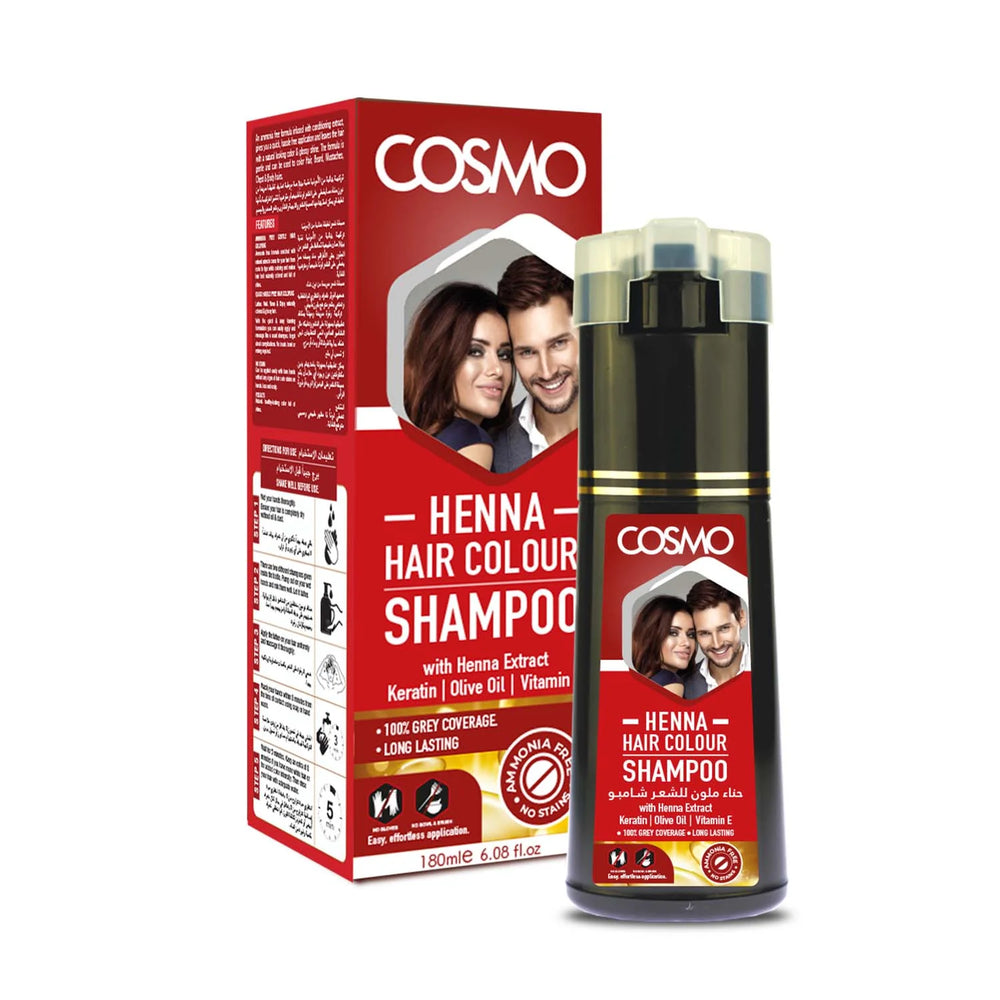COSMO Henna Hair Colour Shampoo – 180ml bottle and packaging – 100% grey coverage, ammonia-free with natural extracts