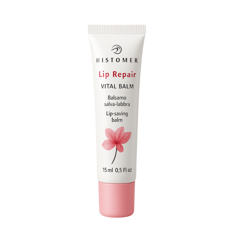 Histomer Lip Repair Vital Balm – Lip balm for dry and dark smoker’s lips in soft pink packaging with floral design