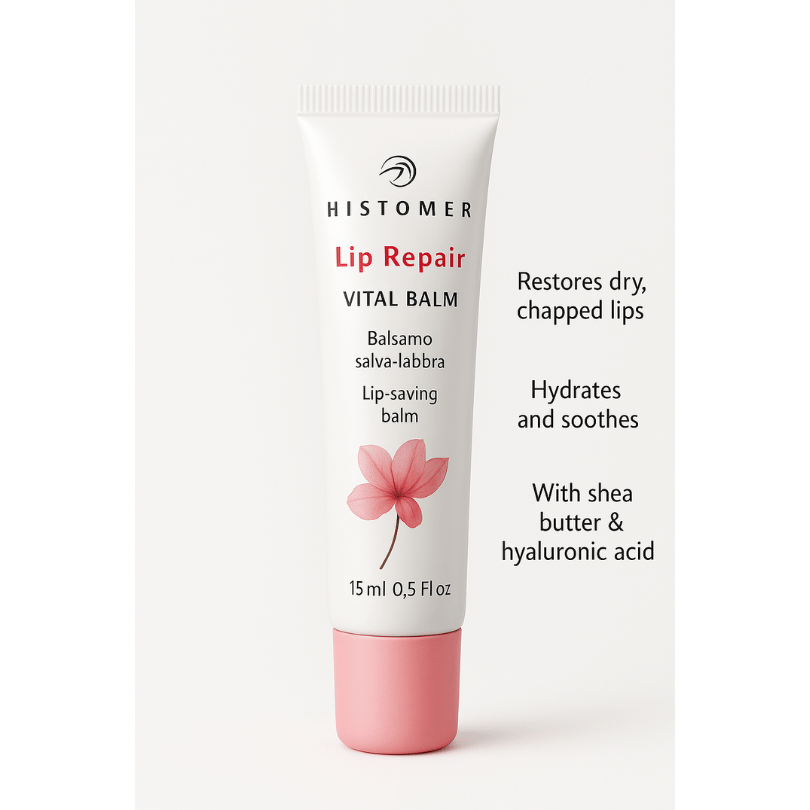 Histomer Lip Repair Vital Balm – Lip balm for dry and dark smoker’s lips in soft pink packaging with floral design