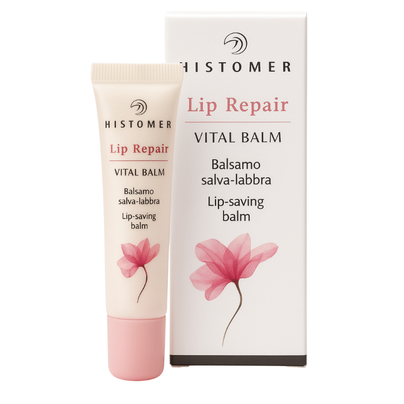 Histomer Lip Repair Vital Balm – Lip balm for dry and dark smoker’s lips in soft pink packaging with floral design