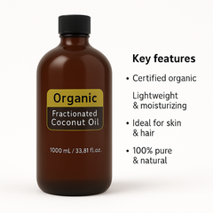 Organic Fractionated Coconut Oil 1000 mL brown bottle – certified organic, lightweight moisturizer for skin and hair, E11 Store